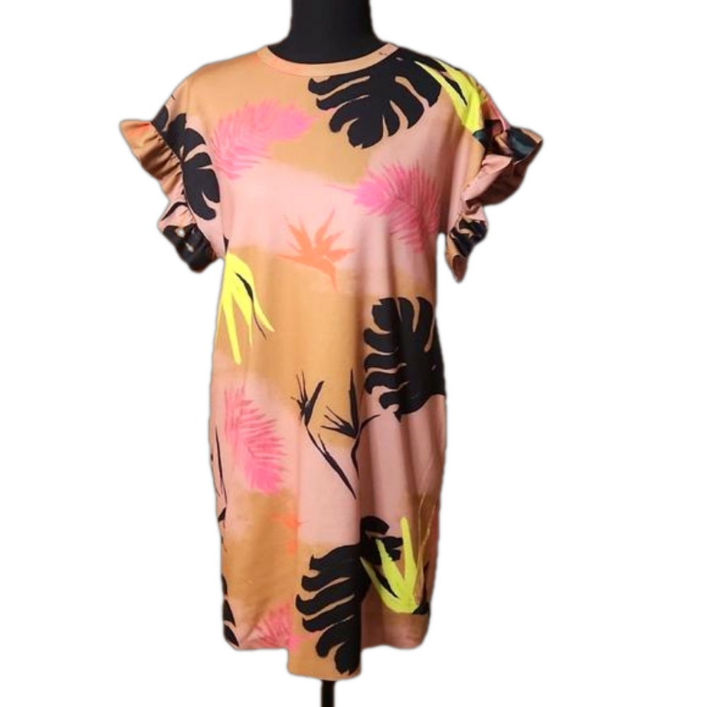 Zara ruffle sleeve palm pattern dress, size S
